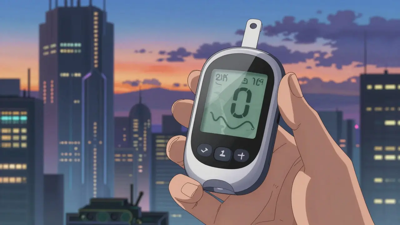 Hand holding a glucose monitor with a futuristic city background