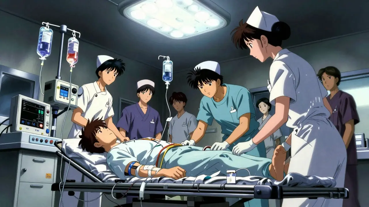 Medical team treating a patient with IV fluids in a busy hospital ER