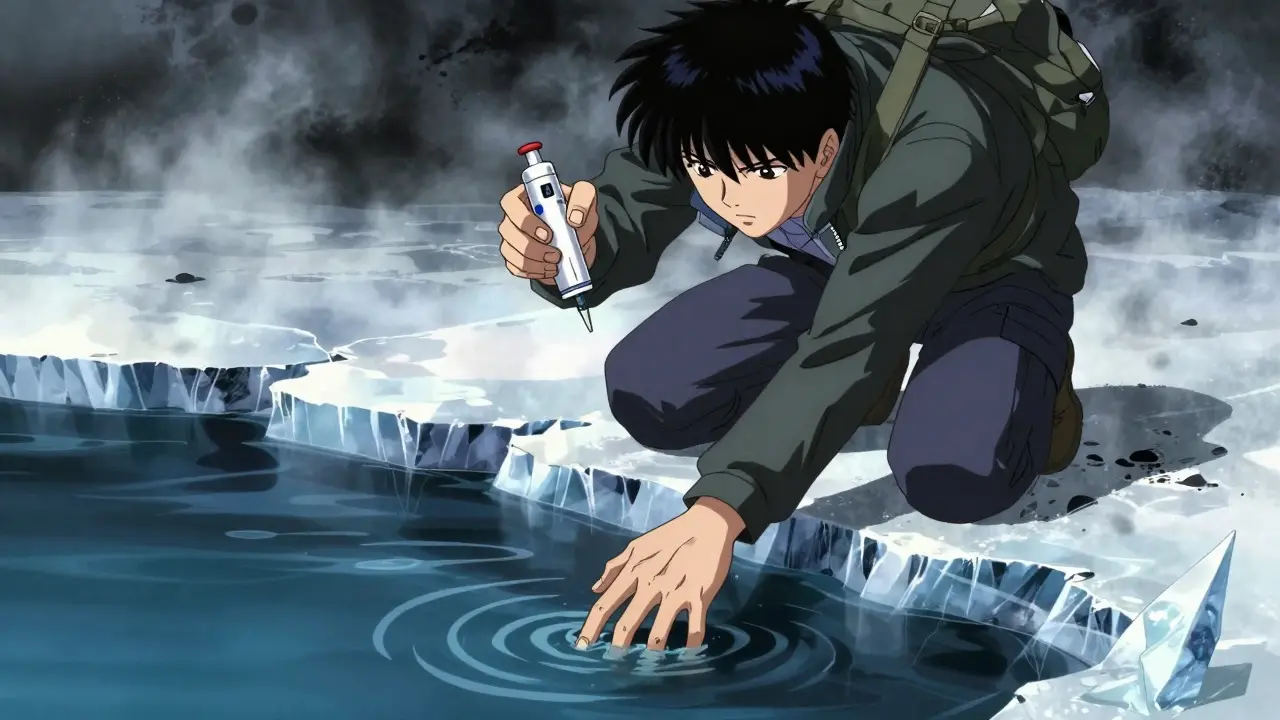 Person holding epinephrine injector near icy water to check for reaction