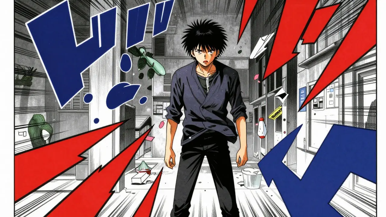 Person surrounded by abstract stress and trigger symbols in manga style