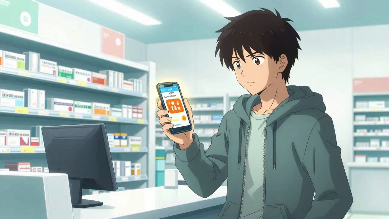 Person using a smartphone at a pharmacy counter to show a discount code