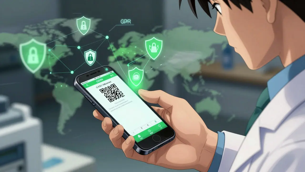 Pharmacist scanning a digital prescription with a smartphone, showing secure data verification