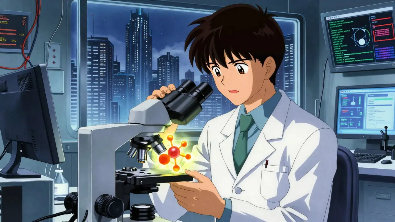 Scientist researching non-opioid pain relief alternatives in a futuristic lab.