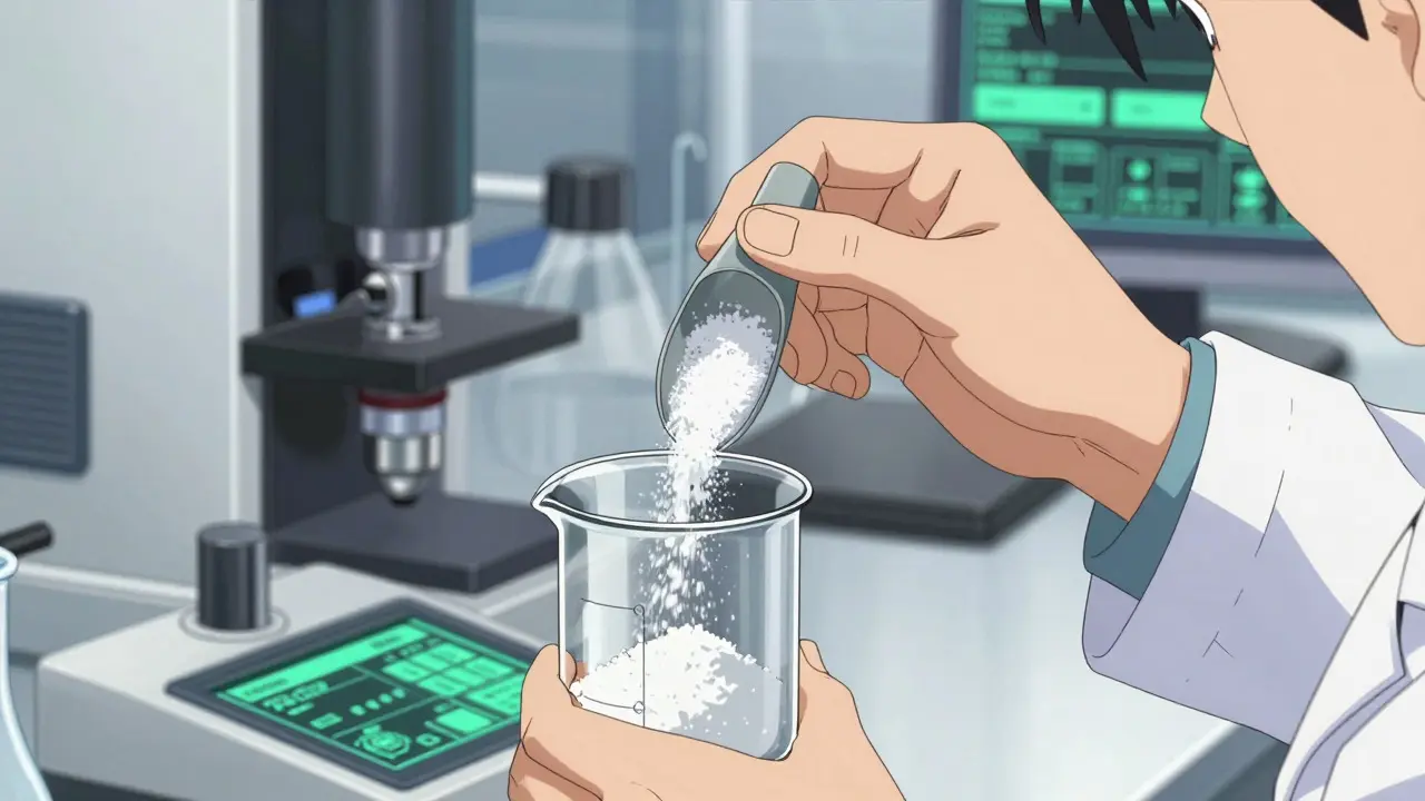 Scientist weighing fine white powder in a beaker within a high-tech lab