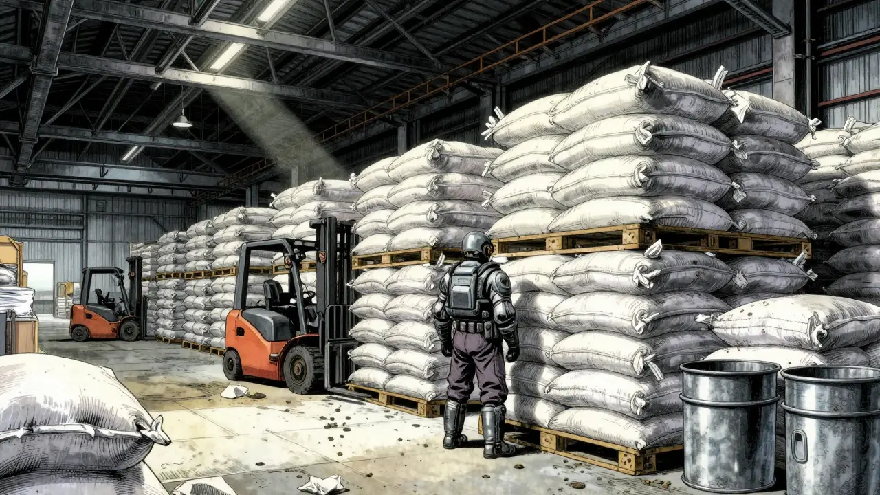 Worker inspecting large sacks of chemical powder in an industrial warehouse
