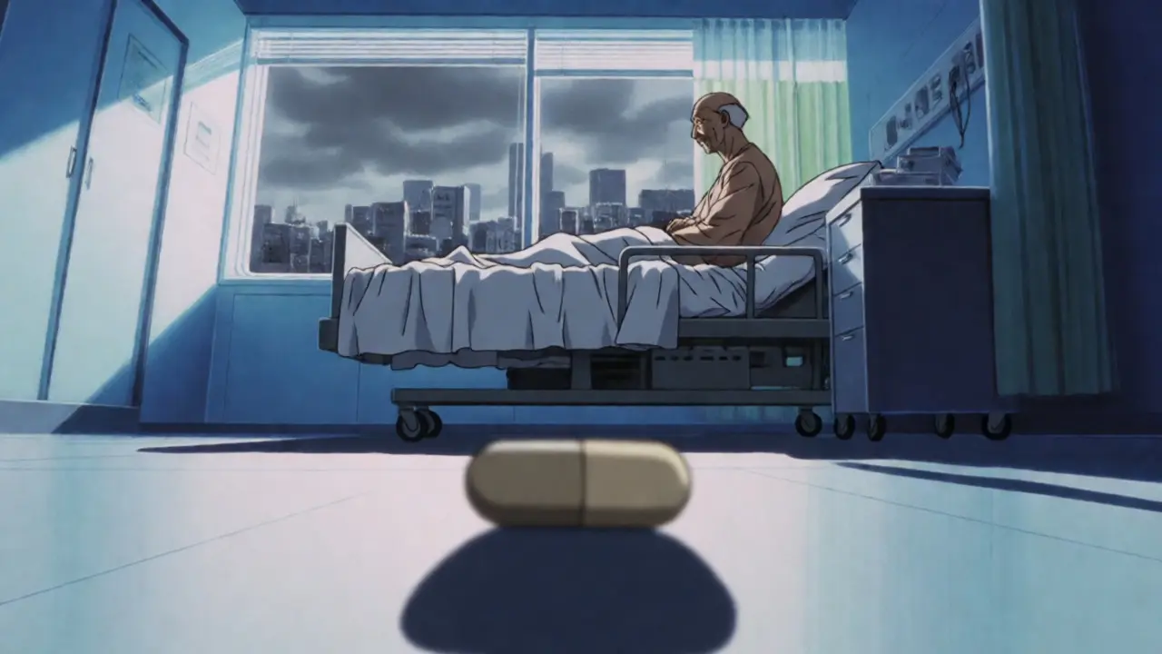 Elderly patient in hospital with pill casting large shadow